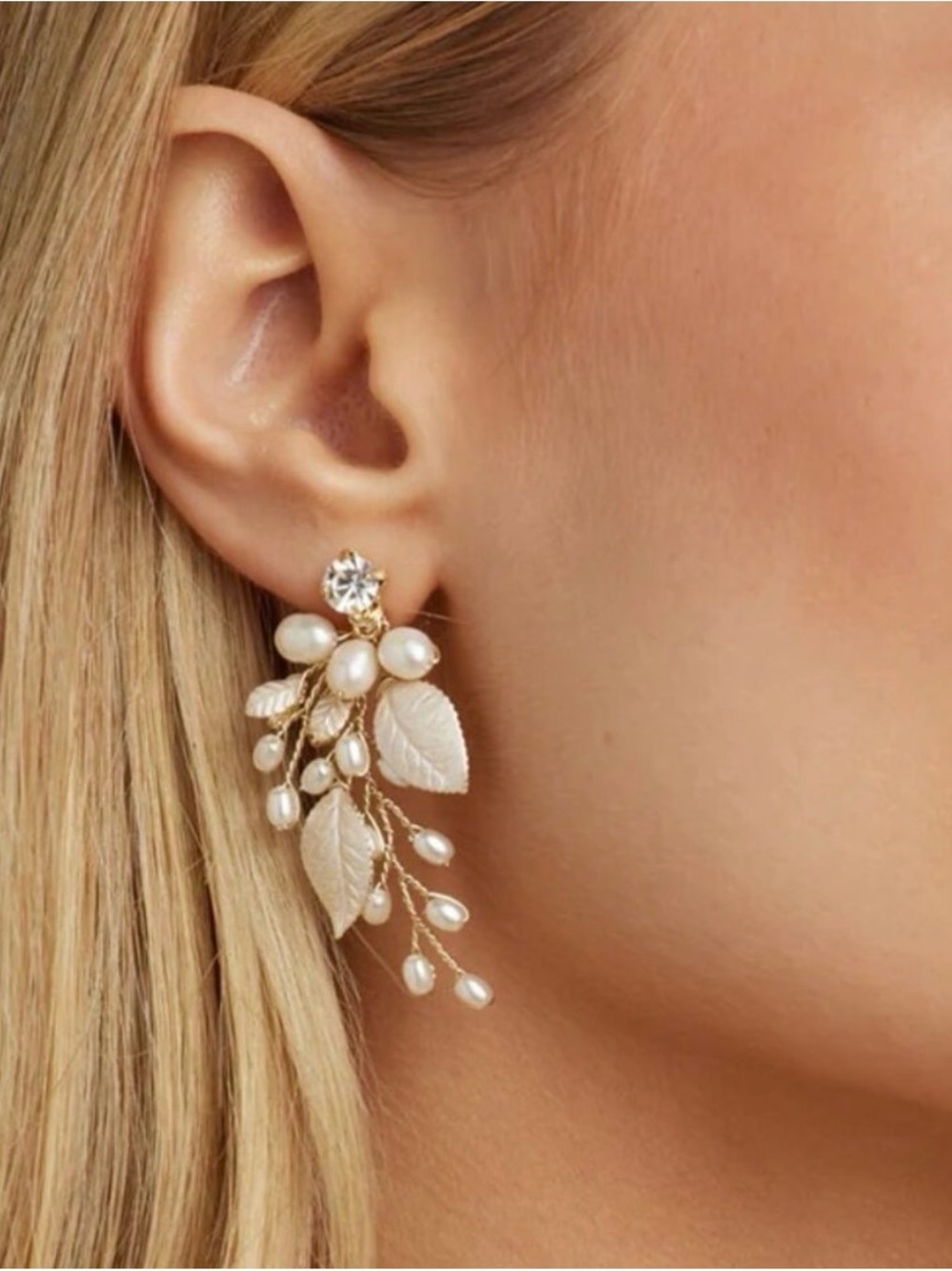 UNTAMED PETALS BY AMANDA JUDGE Pearl & Gold Leaf Drop Earrings - Ivory and Gold